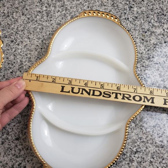 Lot of 2 Anchor Hocking Fire King Milk Glass Deviled Egg Gold Trim + Relish Tray - Picture 4 of 12